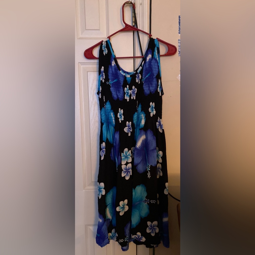 Unbranded Ribbed Black and Blue Floral Mini Dress